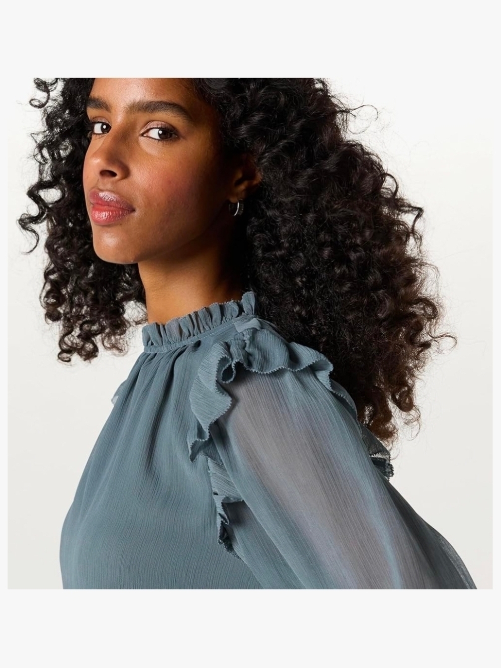 The Drop - Slate Blue Ruffled Shoulder Sheer Long-Sleeve Blouse - Picture 4 of 8
